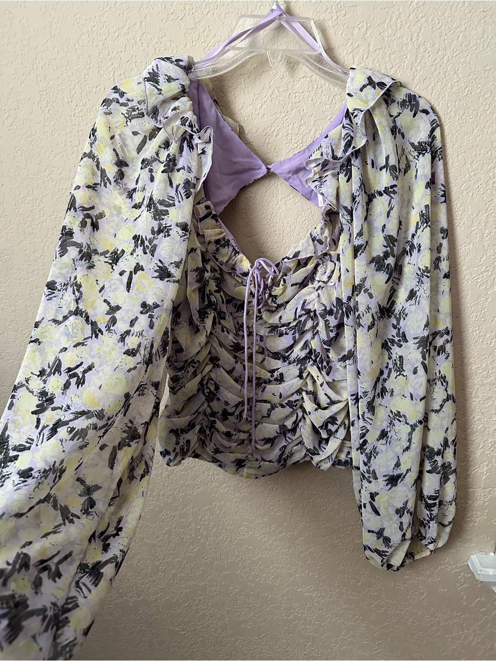 Free People Lavender and Yellow Floral Ruched Tie-Back Blouse